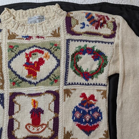 Vtg Heirloom Christmas Patchwork Cableknkit Sweater Cottagecore Gaudy Granny - Picture 3 of 10